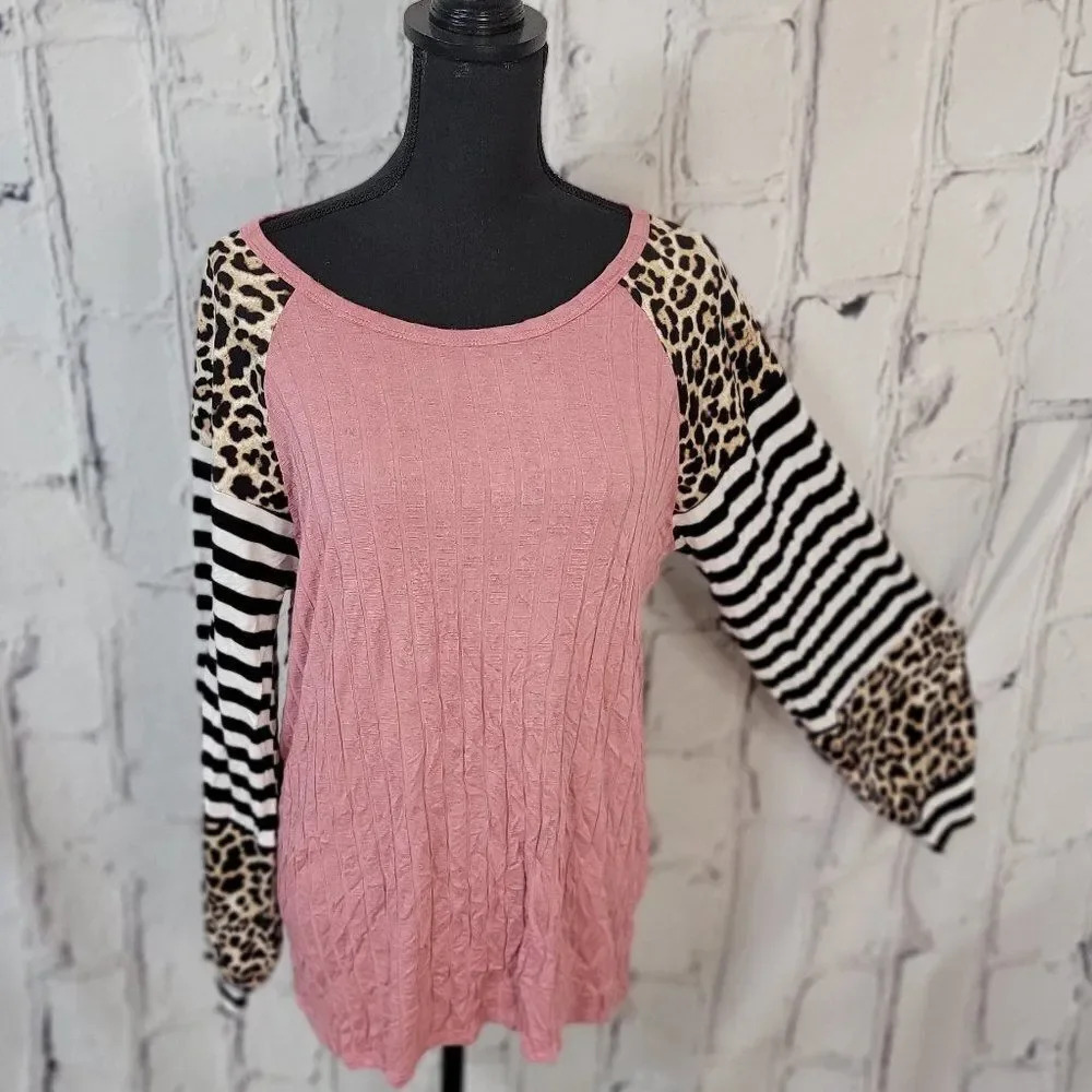 LONG Sleeve Pink Leopard Print Striped Color Block Pullover Balloon Sleeve, M